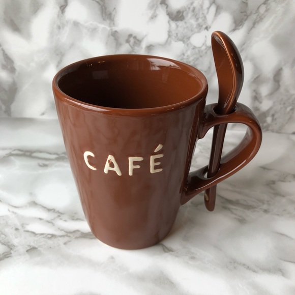 Milk Chocolate Brown Cafe Coffee Cup with a Built-In Matching Spoon - Picture 1 of 8